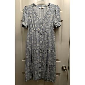 Casa Cabana Women's Size Small Blue White Floral V-Neck Button-Up Shirt Dress